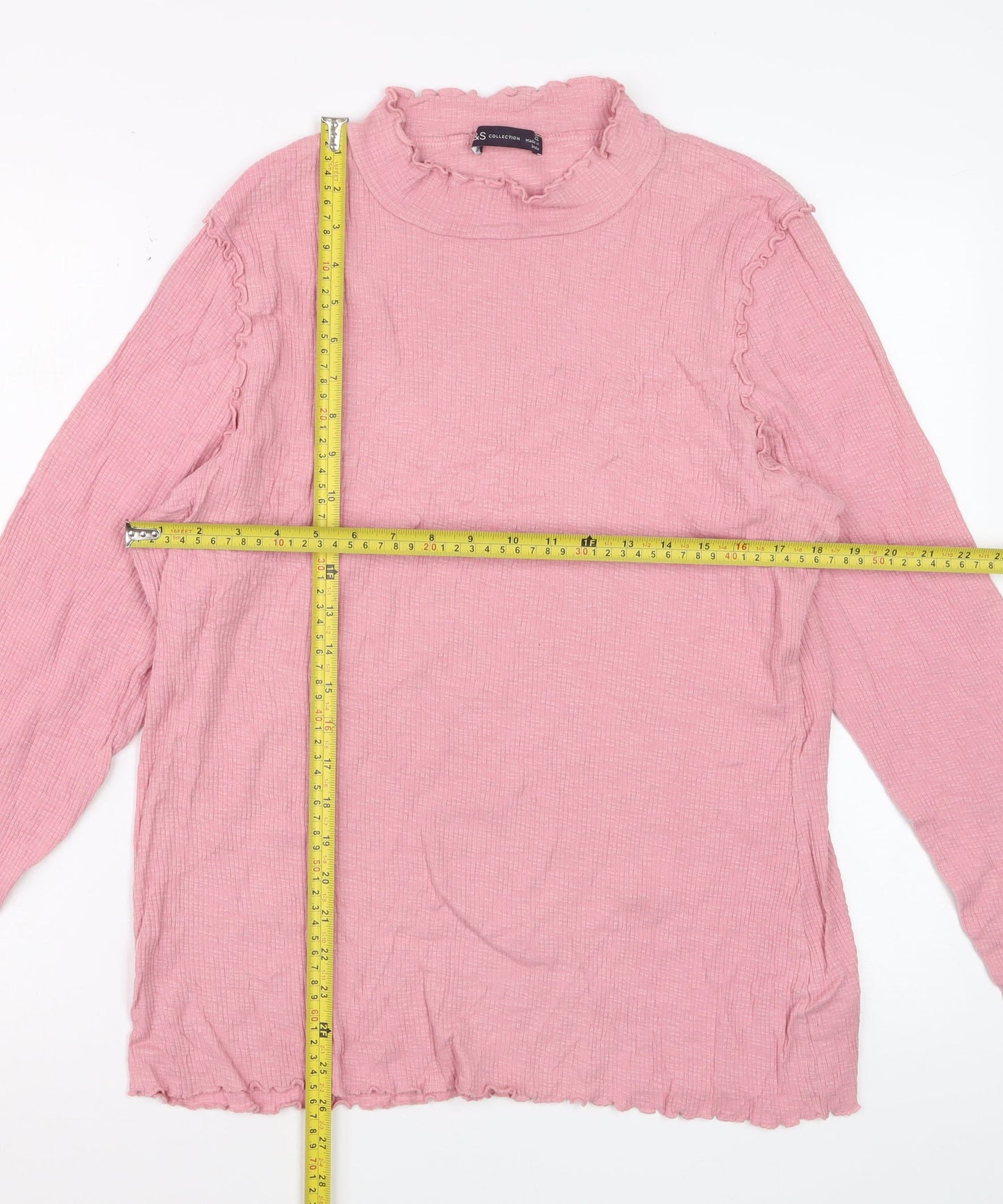 Marks and Spencer Women Pink Ruffle Mock Neck Long Sleeve Cotton Top Size 22