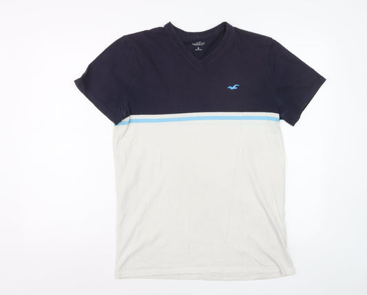Hollister Men’s Blue Colourblock V-Neck Short Sleeve T-Shirt Size M