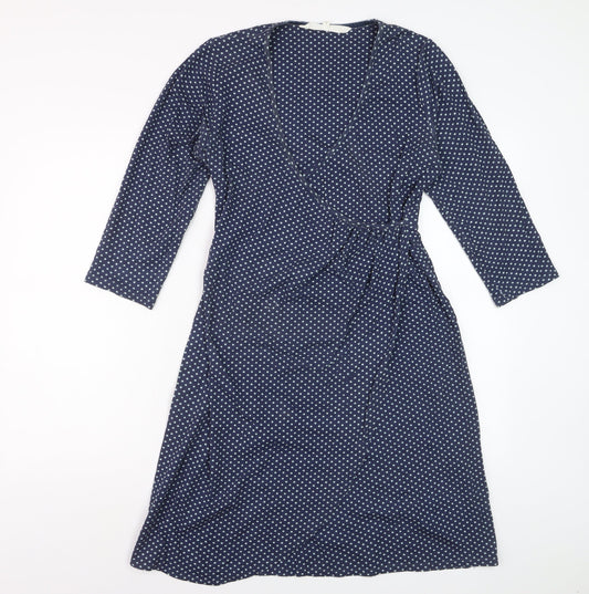 Braintree Women Blue Polka Dot Wrap Dress Size S 3/4 Sleeve V-Neck