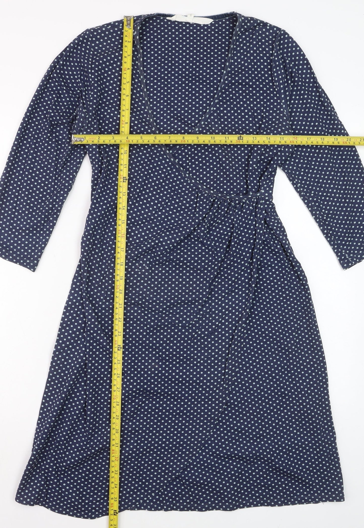 Braintree Women Blue Polka Dot Wrap Dress Size S 3/4 Sleeve V-Neck