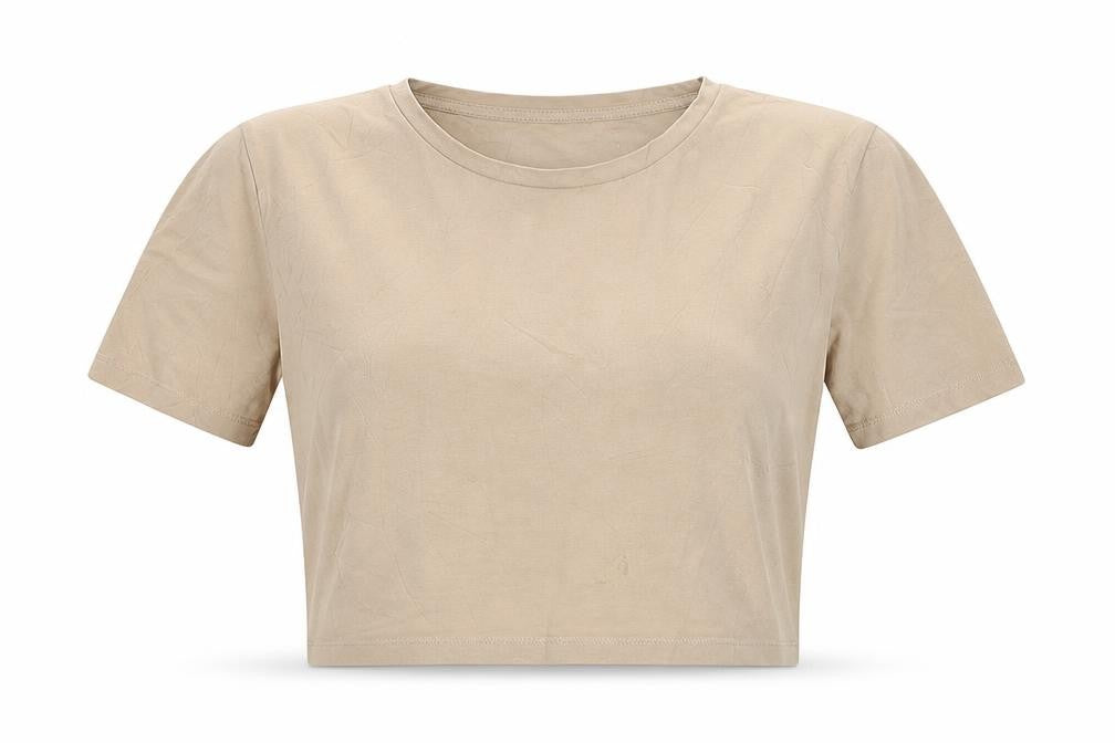 Zara Women Beige Cropped Crew Neck Cotton T-Shirt Size 12