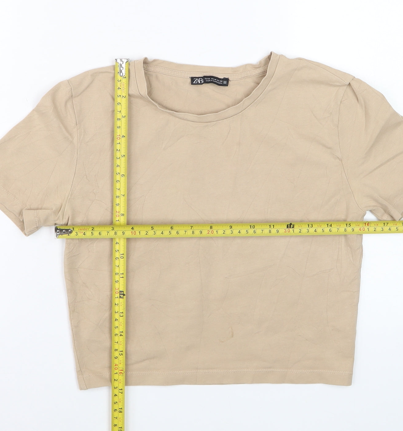 ZARA Women Beige Cropped Crew Neck Cotton T-Shirt Size 12