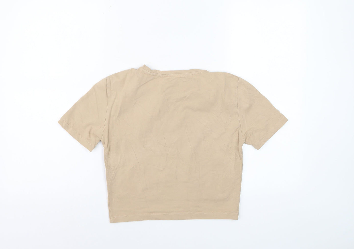 ZARA Women Beige Cropped Crew Neck Cotton T-Shirt Size 12