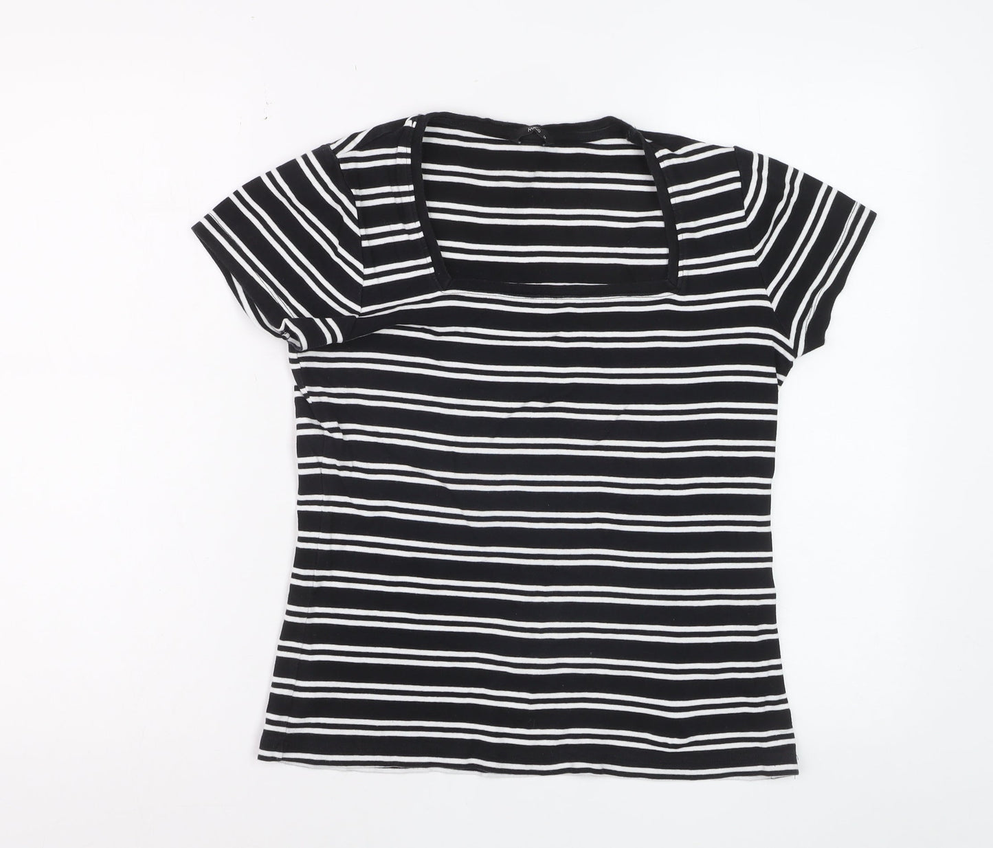 M&Co Womens Black Striped Cotton Short Sleeve T-Shirt Size 14