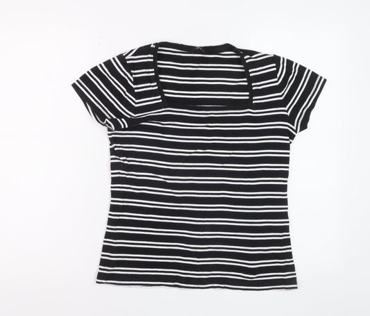 M&Co Womens Black Striped Cotton Short Sleeve T-Shirt Size 14