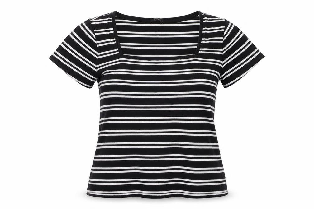 M&Co Womens Black Striped Cotton Short Sleeve T-Shirt Size 14