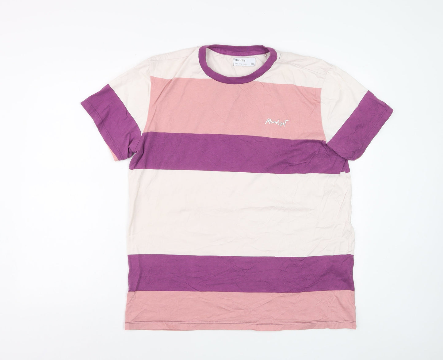 Bershka Women’s Multicoloured Striped Cotton Crew Neck T-Shirt L