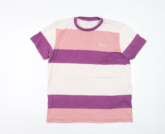 Bershka Women’s Multicoloured Striped Cotton Crew Neck T-Shirt L