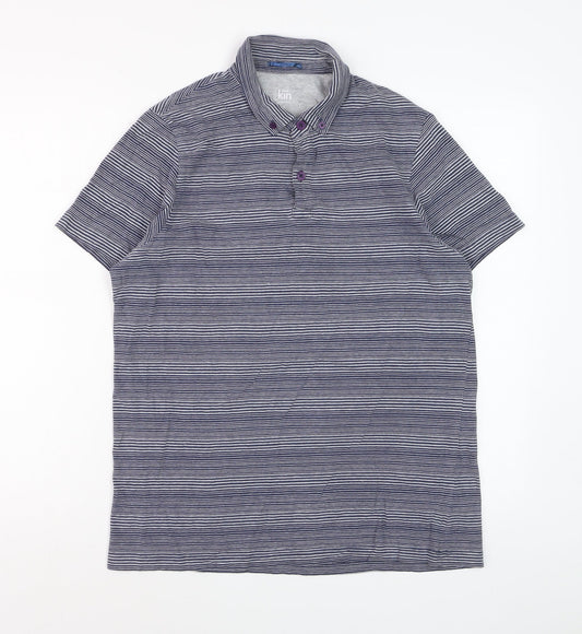 John Lewis Men Blue Striped Short Sleeve Cotton Polo Shirt M