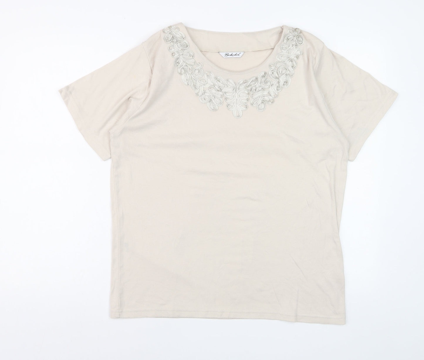 Berkertex Women Beige Embroidered Short Sleeve T-Shirt Size 16