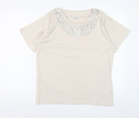 Berkertex Women Beige Embroidered Short Sleeve T-Shirt Size 16