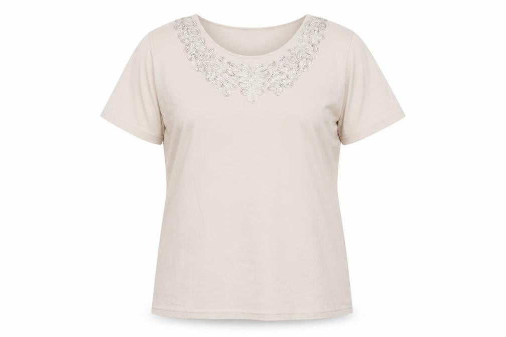 Berkertex Women Beige Embroidered Short Sleeve T-Shirt Size 16