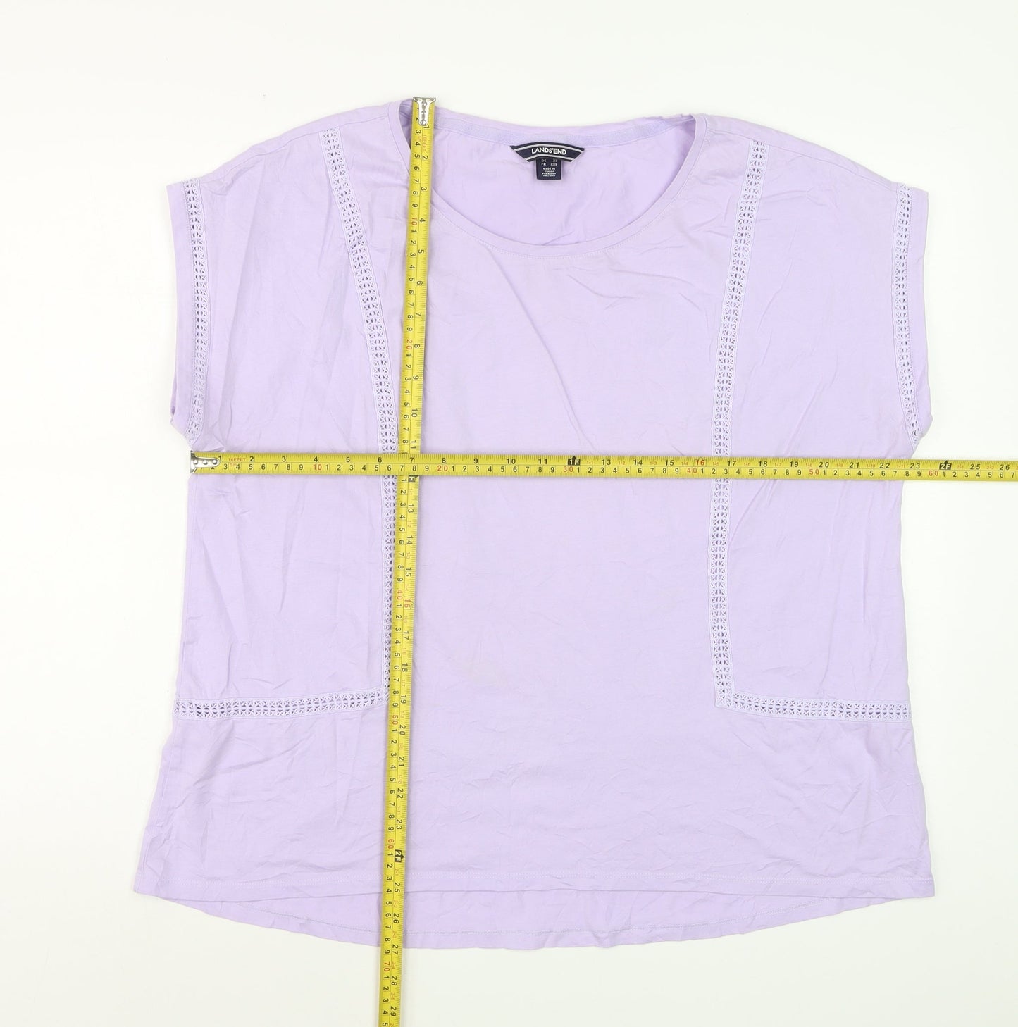 Lands' End Women's Purple Cotton Crochet Trim T-Shirt XL