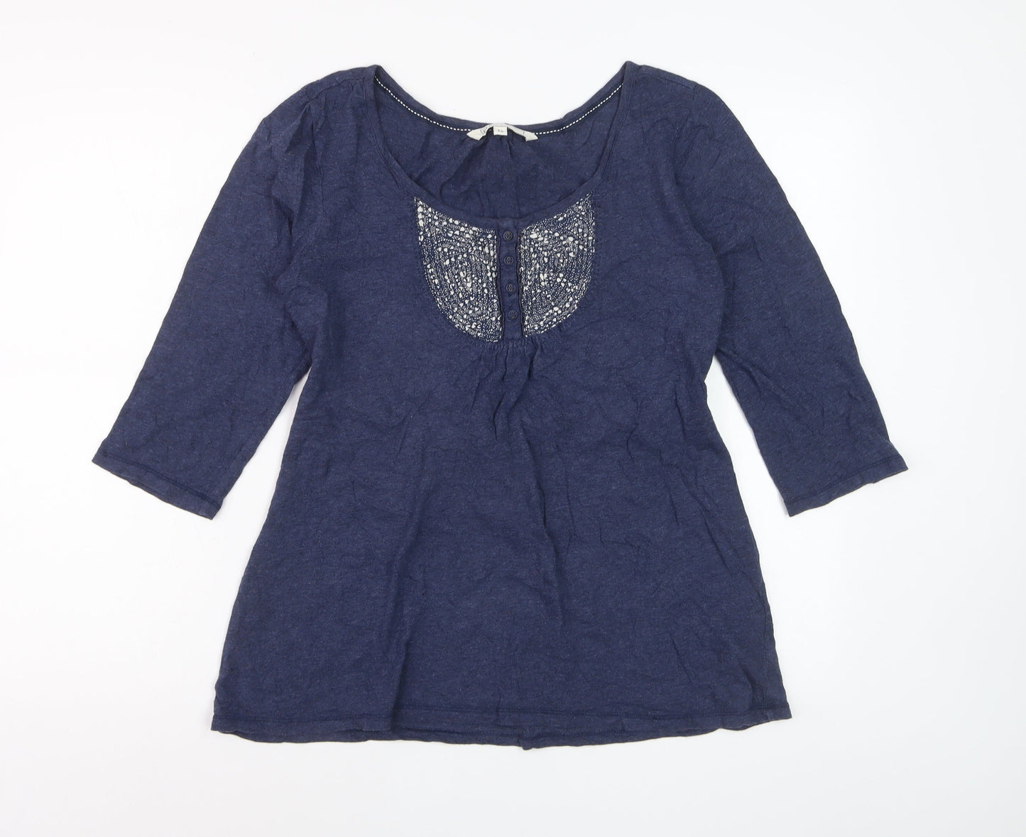 Fat Face Womens Navy Blue Cotton Tunic Blouse Size 14 Embroidered 3/4 Sleeve