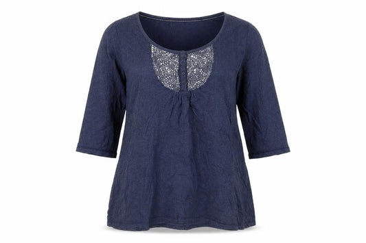 FatFace Womens Navy Blue Cotton Tunic Blouse Size 14 Embroidered 3/4 Sleeve