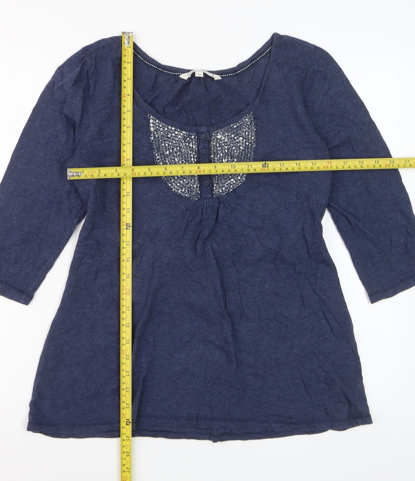Fat Face Womens Navy Blue Cotton Tunic Blouse Size 14 Embroidered 3/4 Sleeve