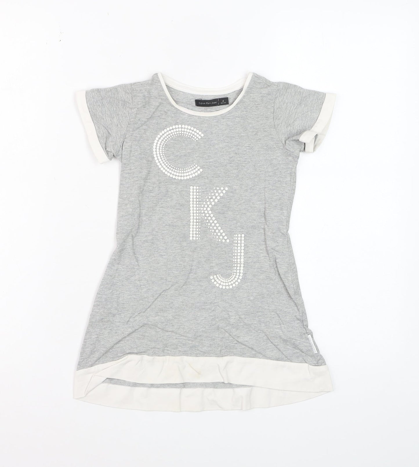 Calvin Klein Jeans Teens Grey Rhinestone CKJ Cotton T-Shirt Size 4