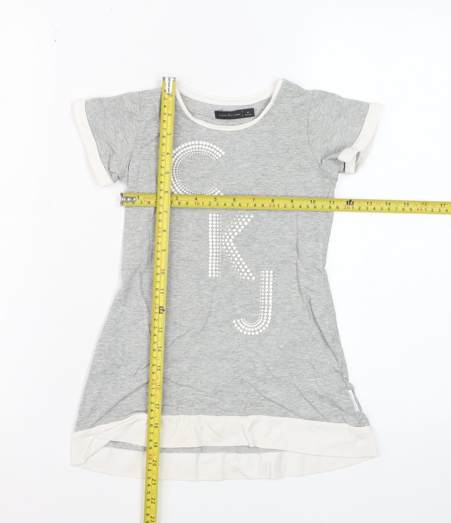 Calvin Klein Jeans Teens Grey Rhinestone CKJ Cotton T-Shirt Size 4