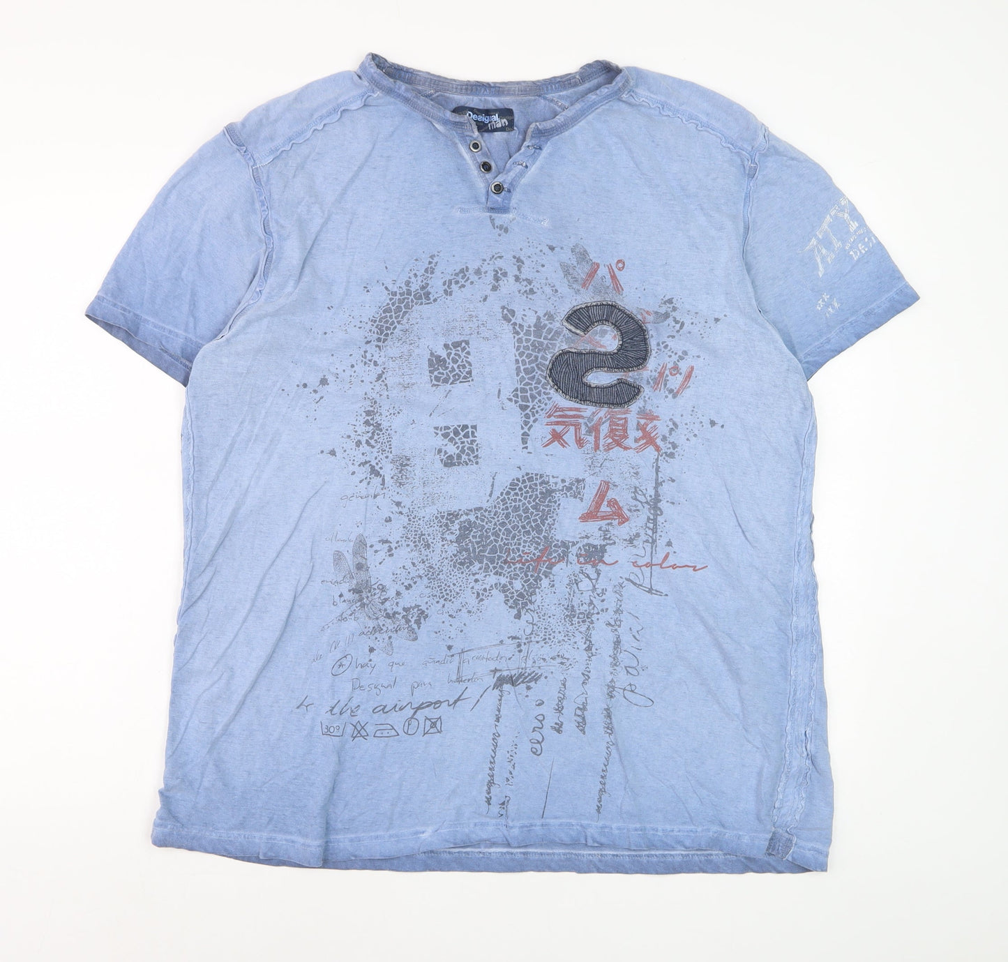 Desigual Men Blue Graphic Henley T-Shirt Size 2XL Cotton