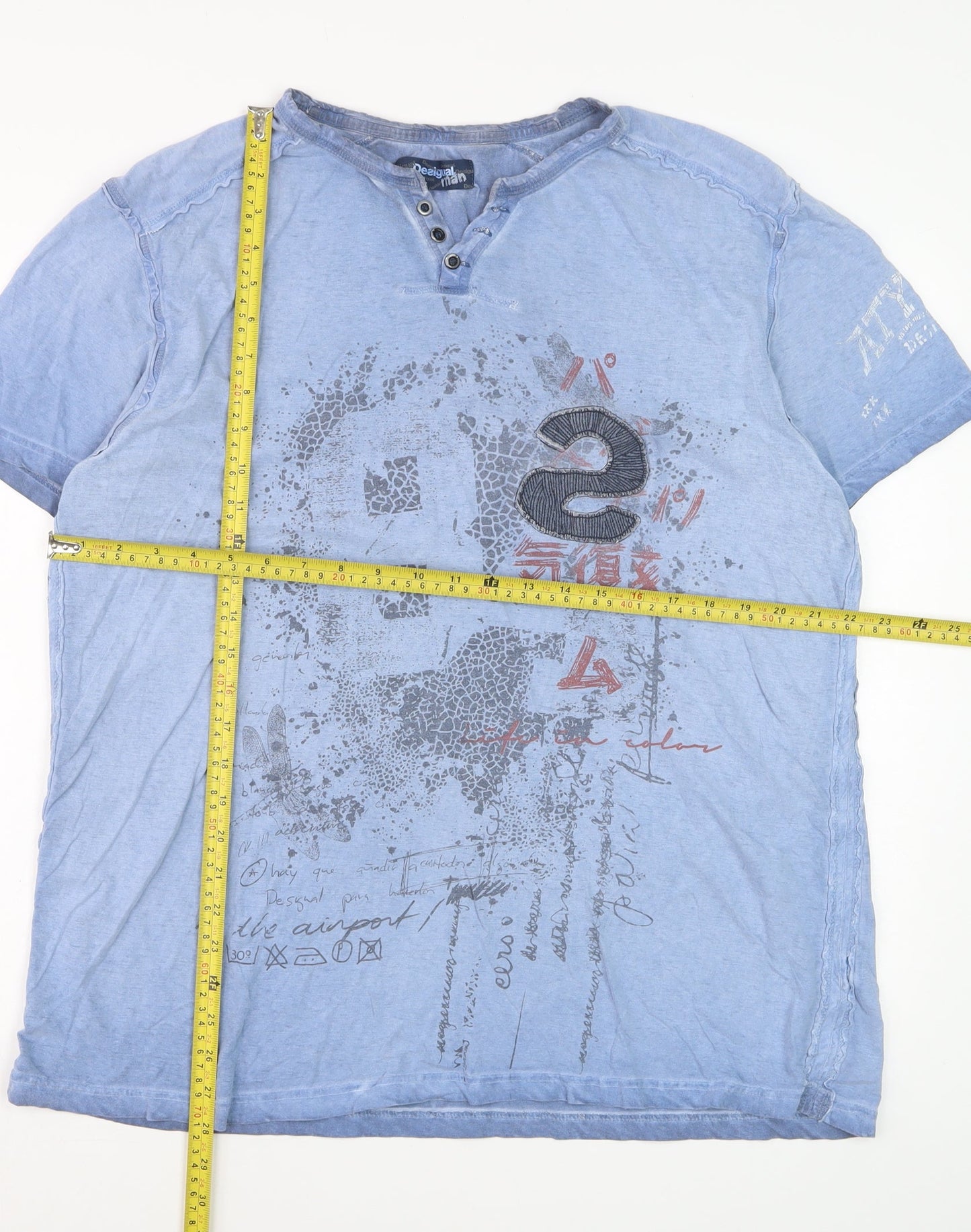 Desigual Men Blue Graphic Henley T-Shirt Size 2XL Cotton