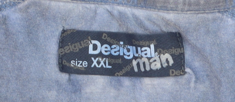 Desigual Men Blue Graphic Henley T-Shirt Size 2XL Cotton