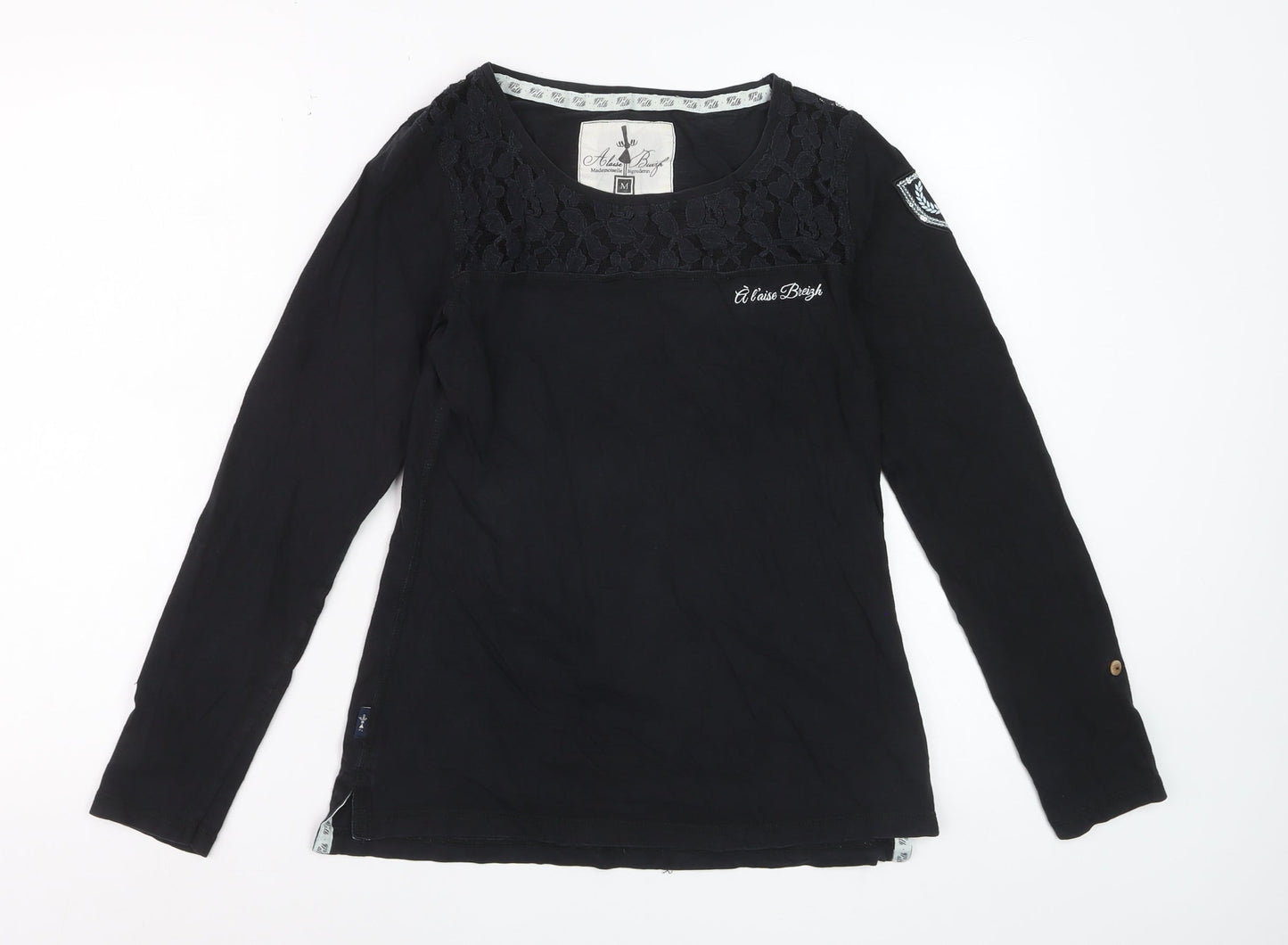 Alaise Breizh Women Black Long Sleeve Lace Cotton Blouse M