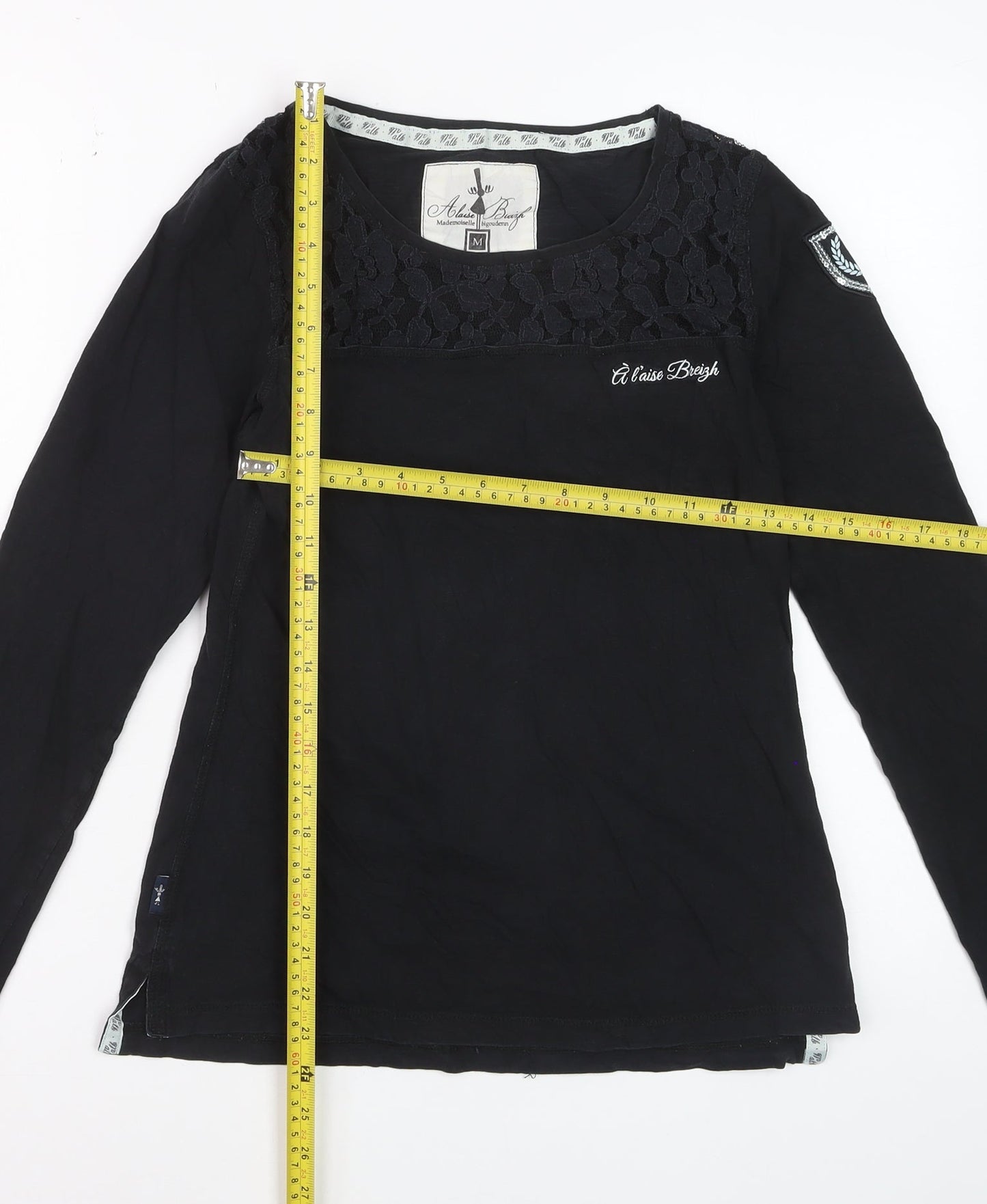 Alaise Breizh Women Black Long Sleeve Lace Cotton Blouse M
