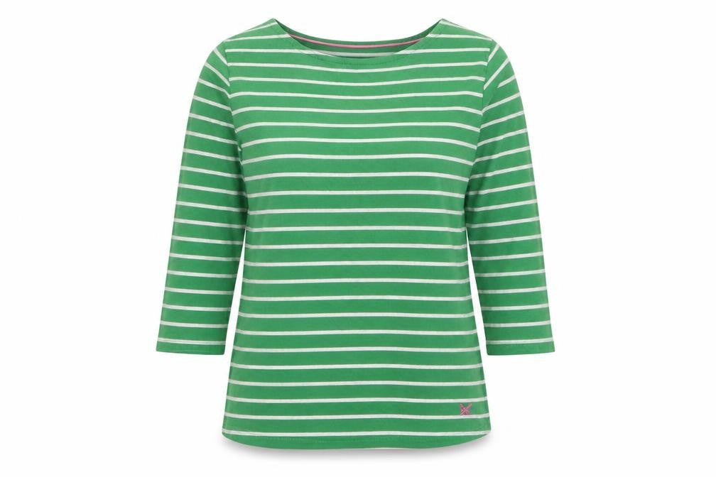 Crew Clothing Green Striped 3/4 Sleeve Cotton T-Shirt Size 12