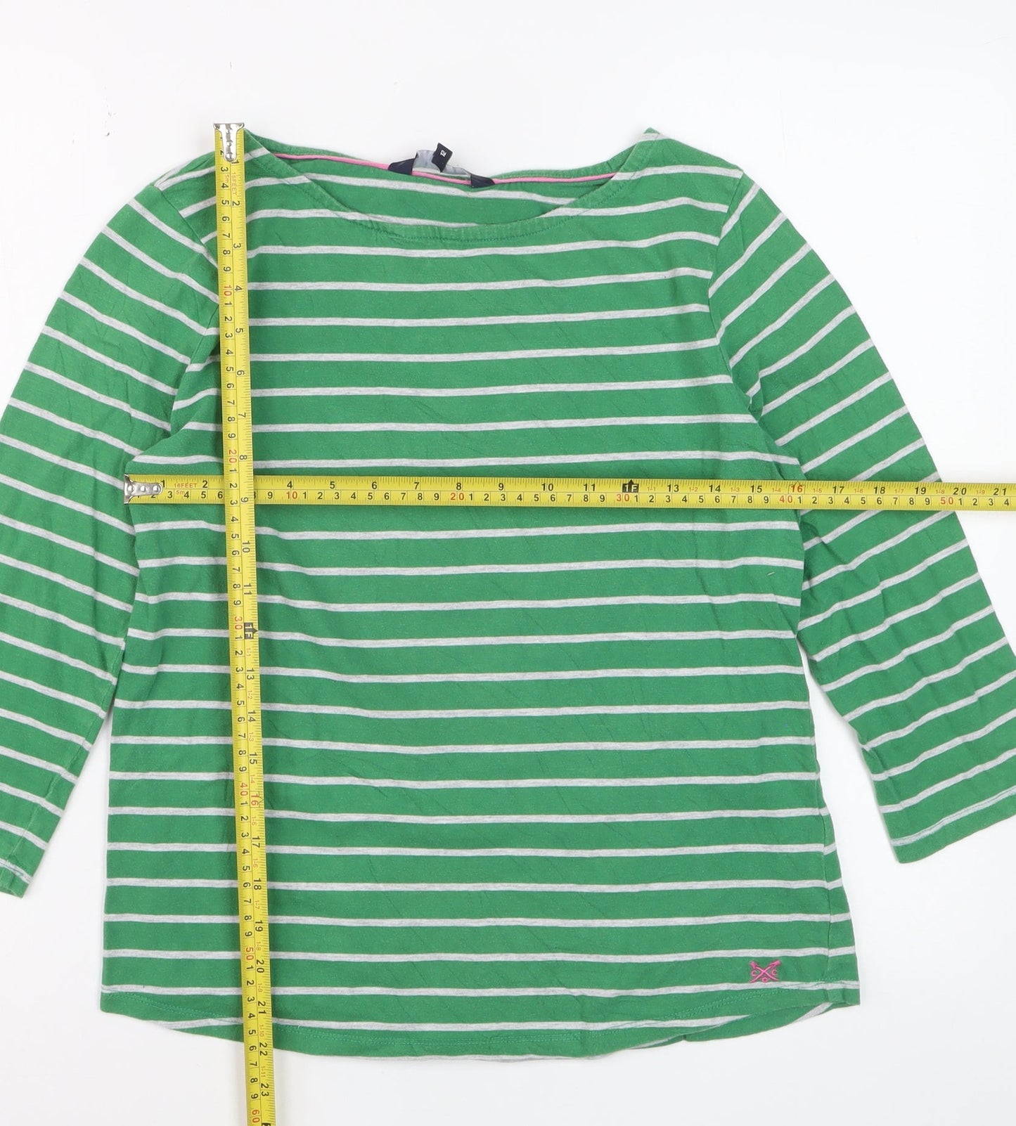 Crew Clothing Women's Green Striped 3/4 Sleeve Cotton T-Shirt Size 12