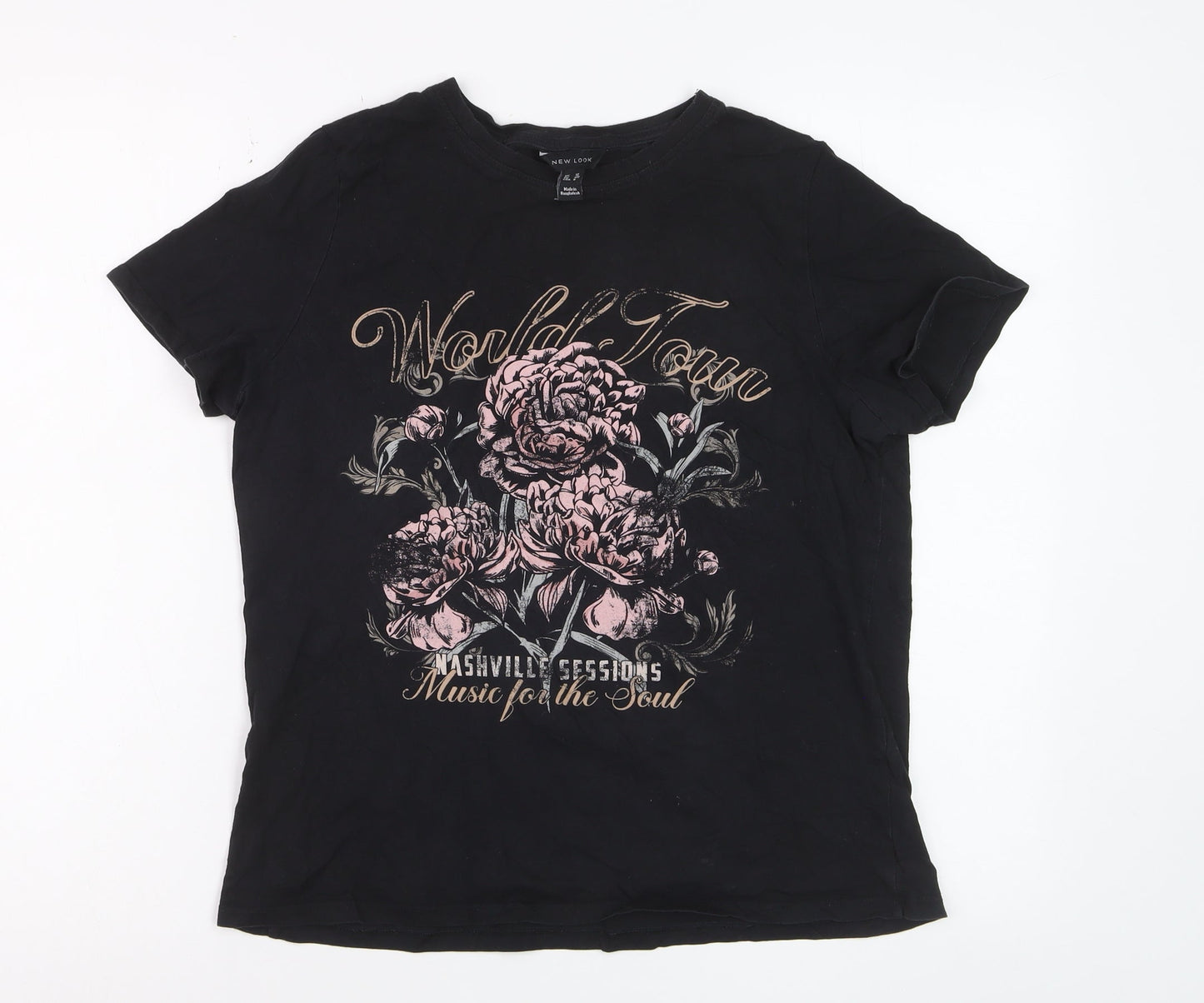 New Look Women's Black Floral Music Graphic Cotton T-Shirt Size 12