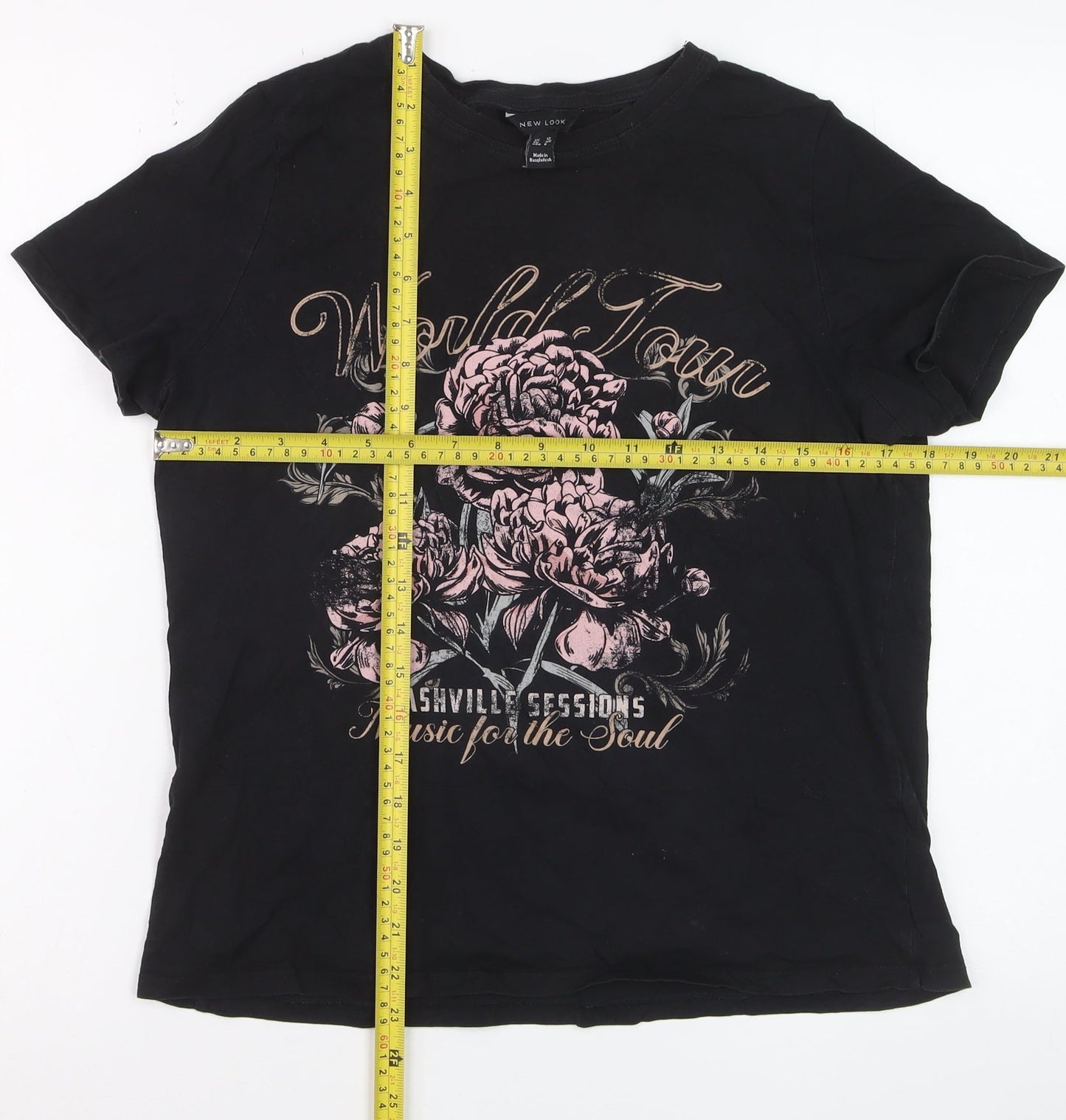 New Look Women's Black Floral Music Graphic Cotton T-Shirt Size 12