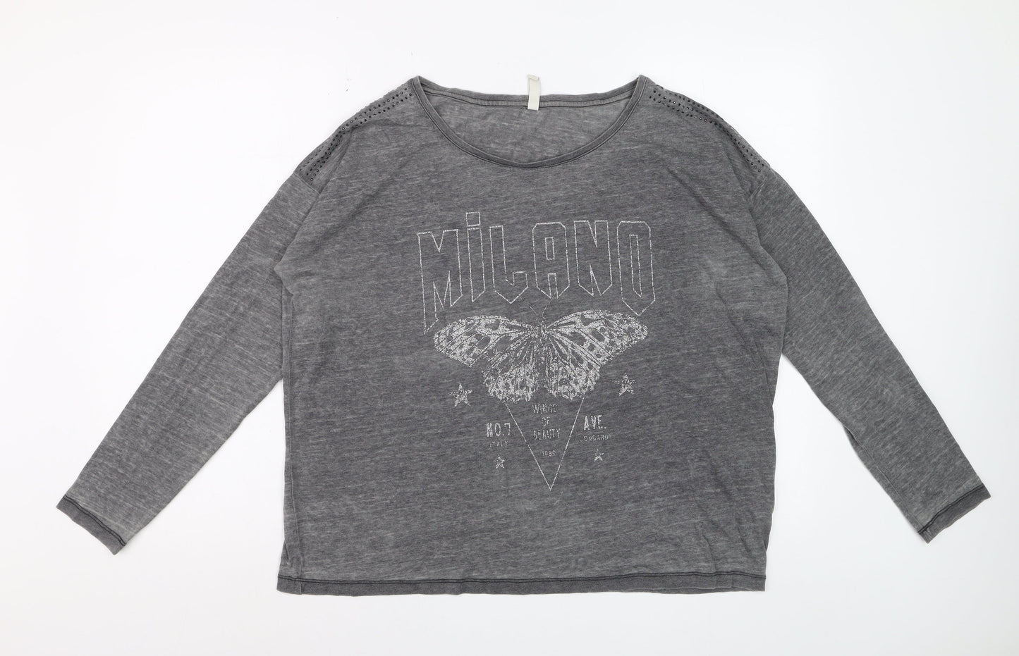 Blendshe Womens Grey Milano Butterfly Long Sleeve Relaxed Fit T-Shirt Size M