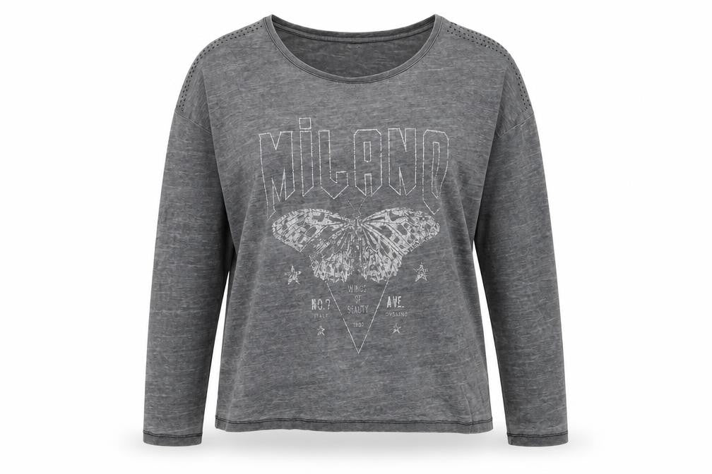 Blendshe Womens Grey Milano Butterfly Long Sleeve Relaxed Fit T-Shirt Size M