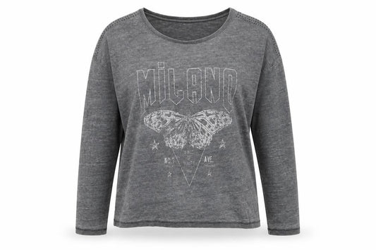 Blendshe Womens Grey Milano Butterfly Long Sleeve Relaxed Fit T-Shirt Size M
