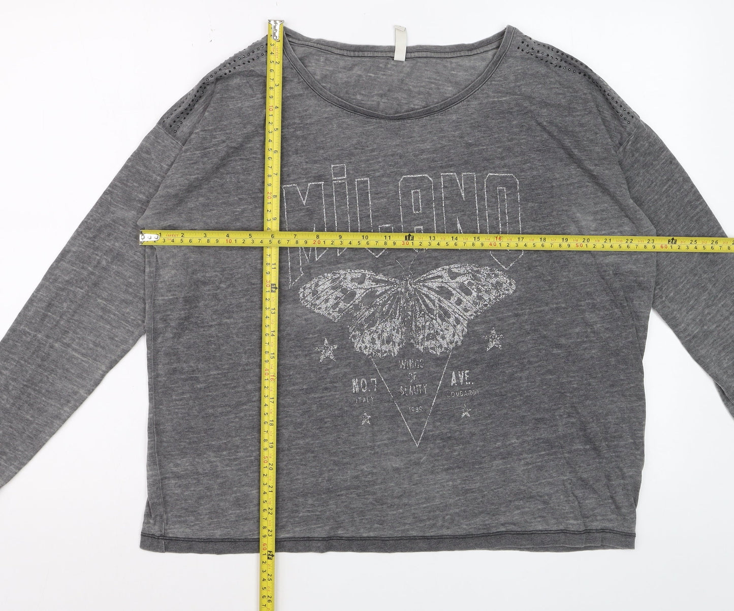 Blendshe Womens Grey Milano Butterfly Long Sleeve Relaxed Fit T-Shirt Size M
