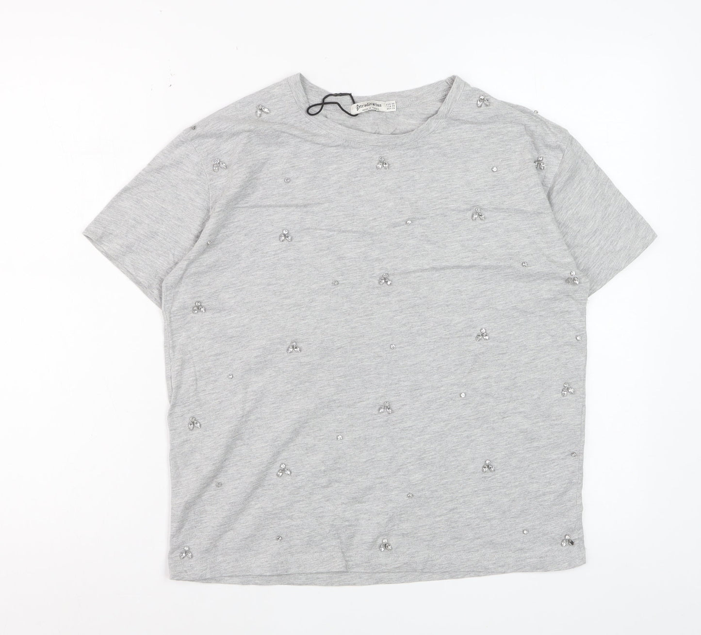 Stradivarius Women's Grey Beaded Short Sleeve Cotton T-Shirt XS