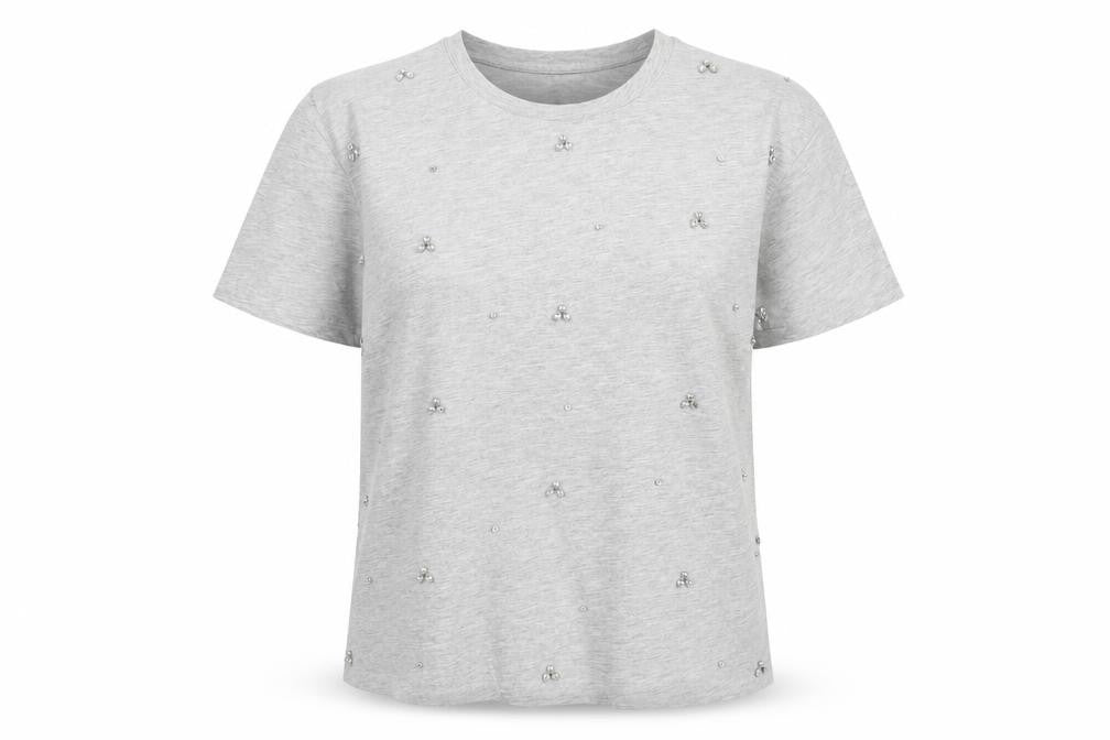 Stradivarius Women's Grey Beaded Short Sleeve Cotton T-Shirt XS