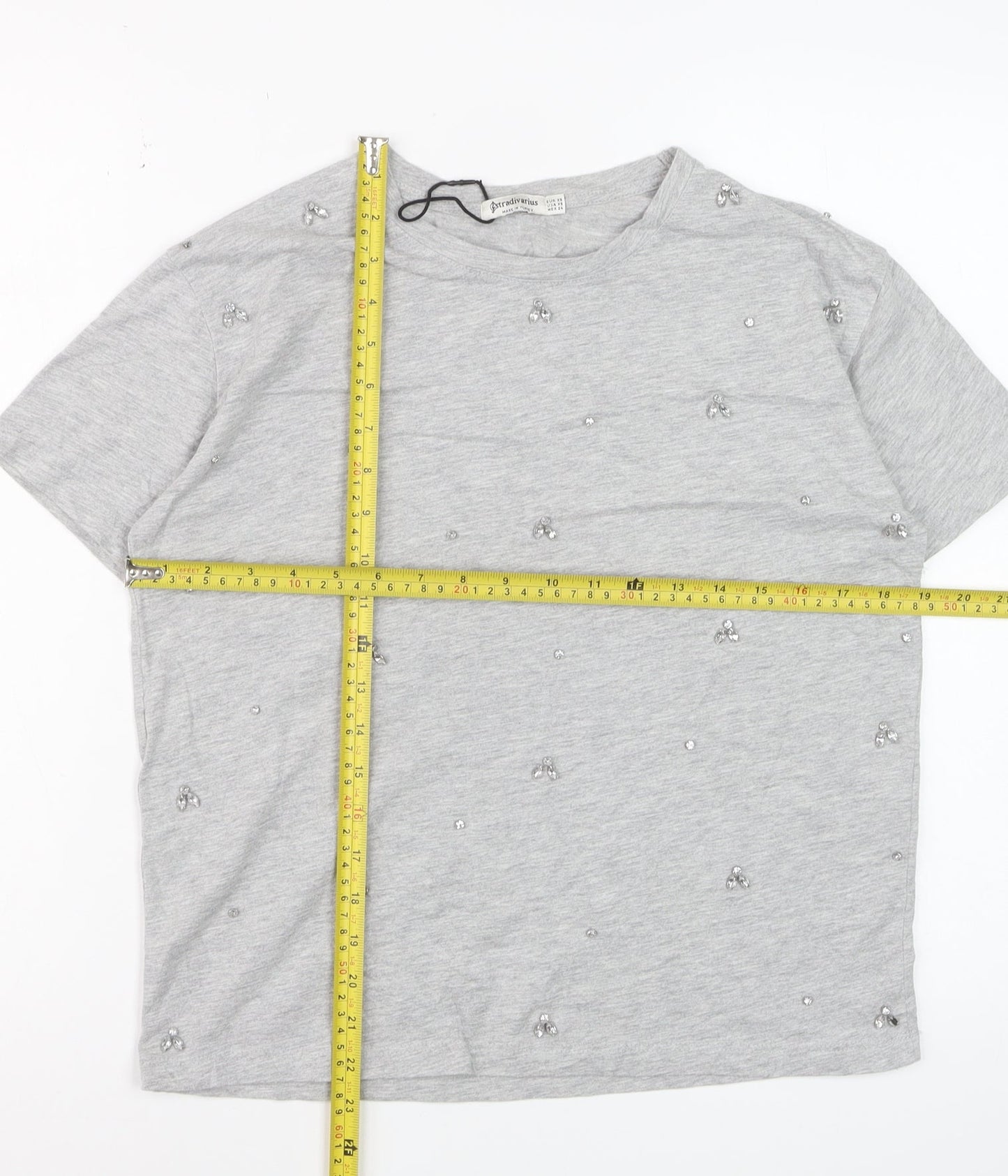 Stradivarius Women's Grey Beaded Short Sleeve Cotton T-Shirt XS