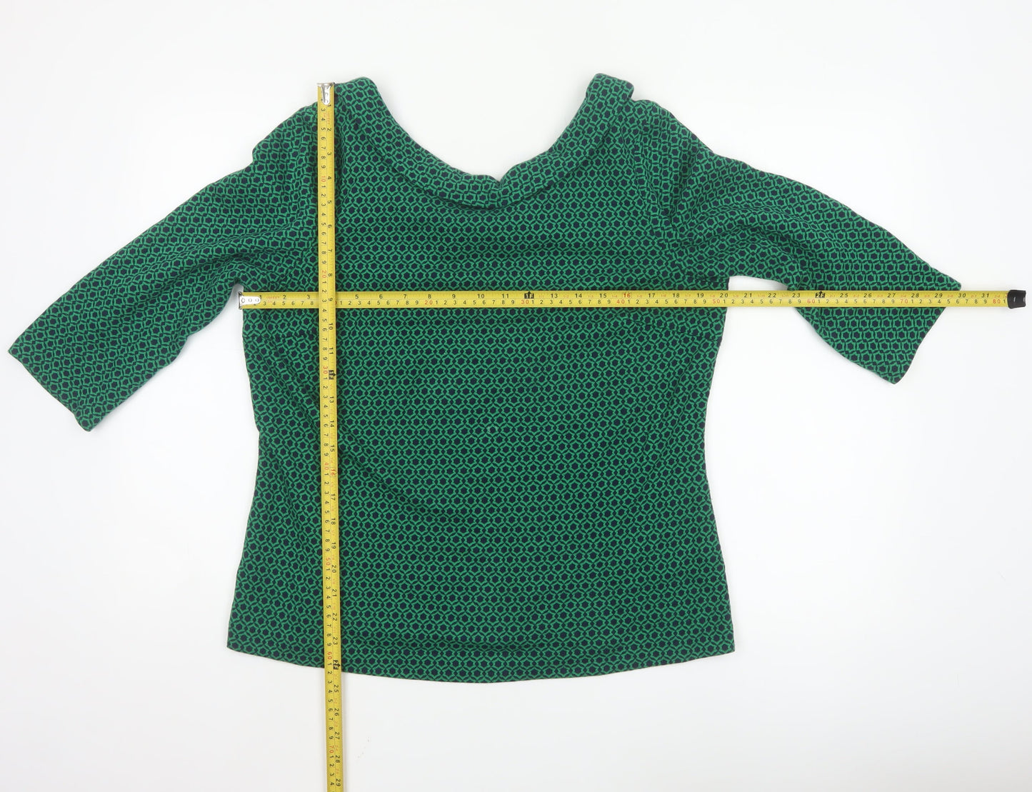 Boden Women’s Green Geometric 3/4 Sleeve Boat Neck Cotton Blend Blouse Size 16