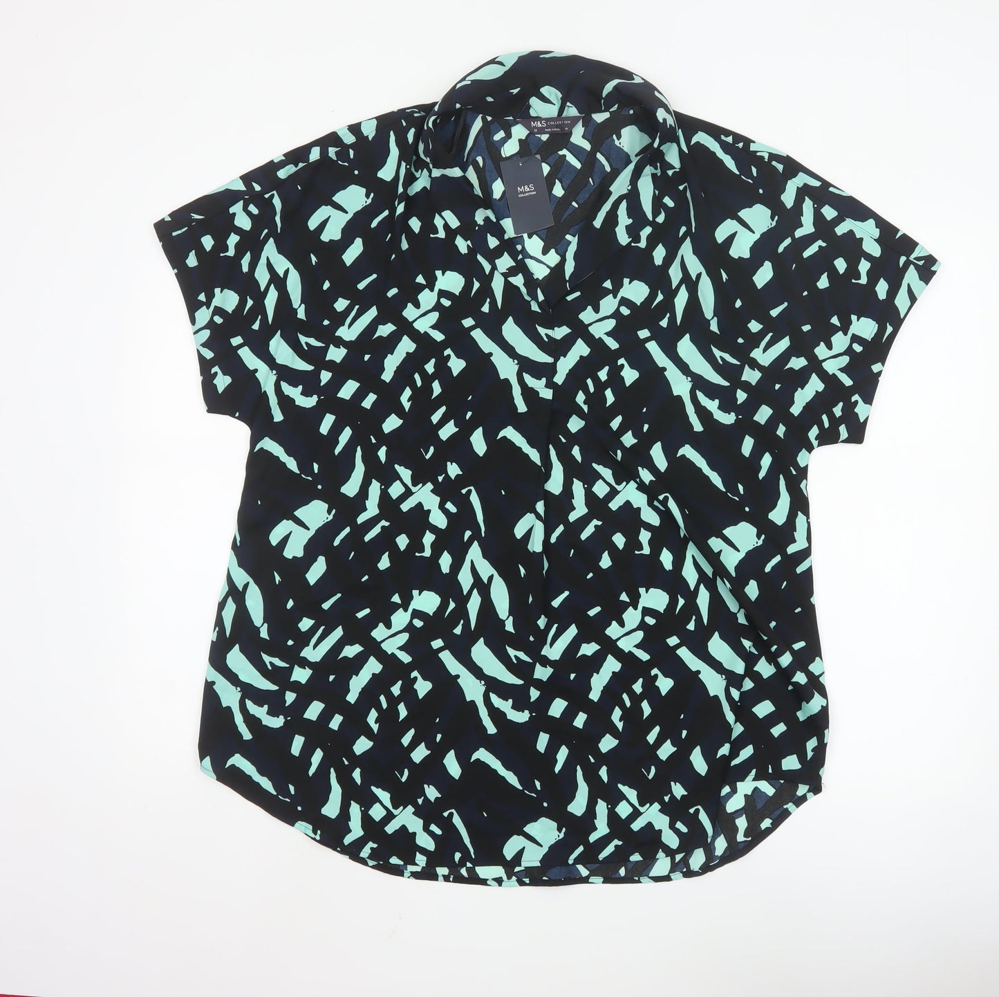 Marks and Spencer Women Blue Abstract Short Sleeve Blouse Size 12