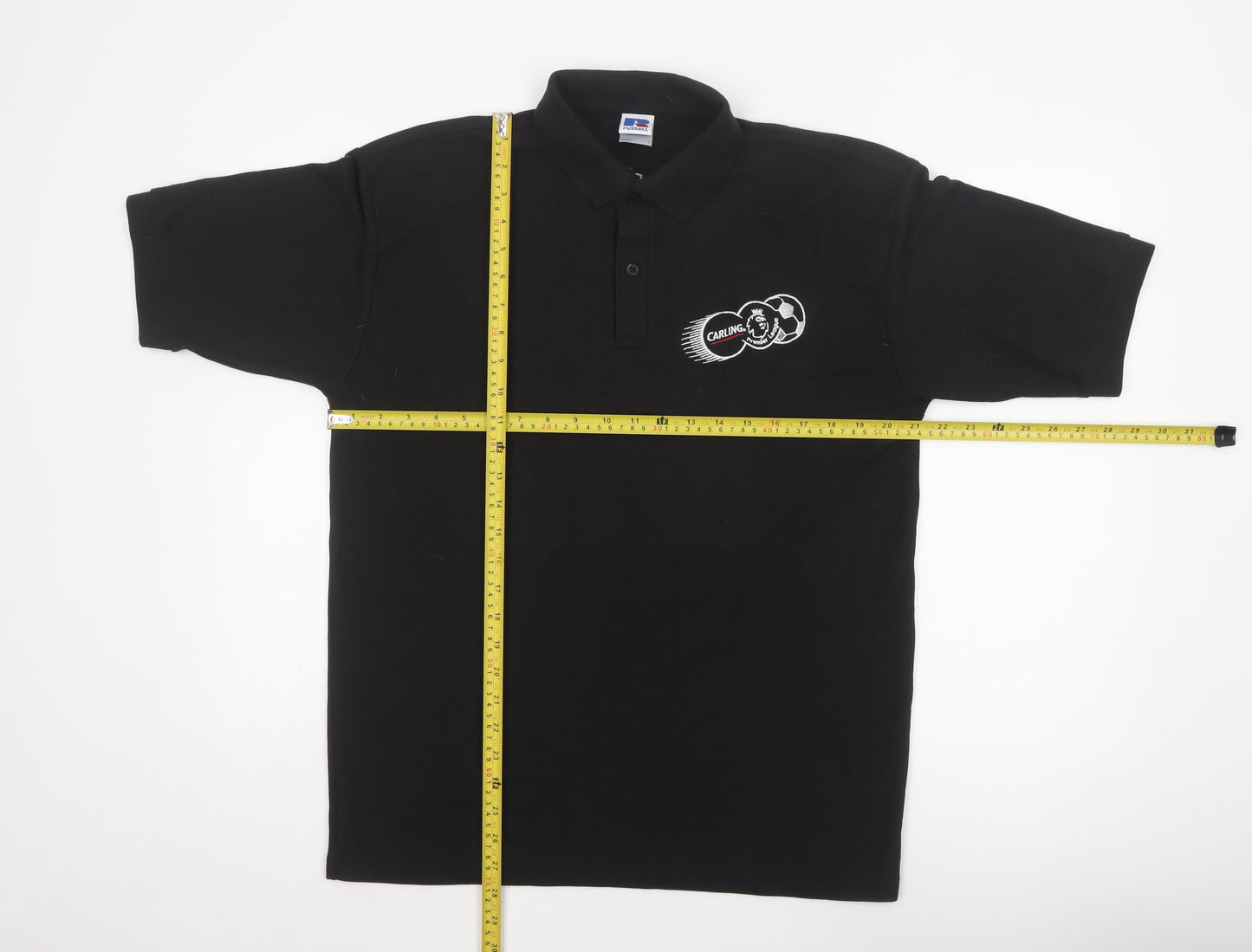 Russell Men’s Black Polo Shirt L Carling Embroidered Beer Logo