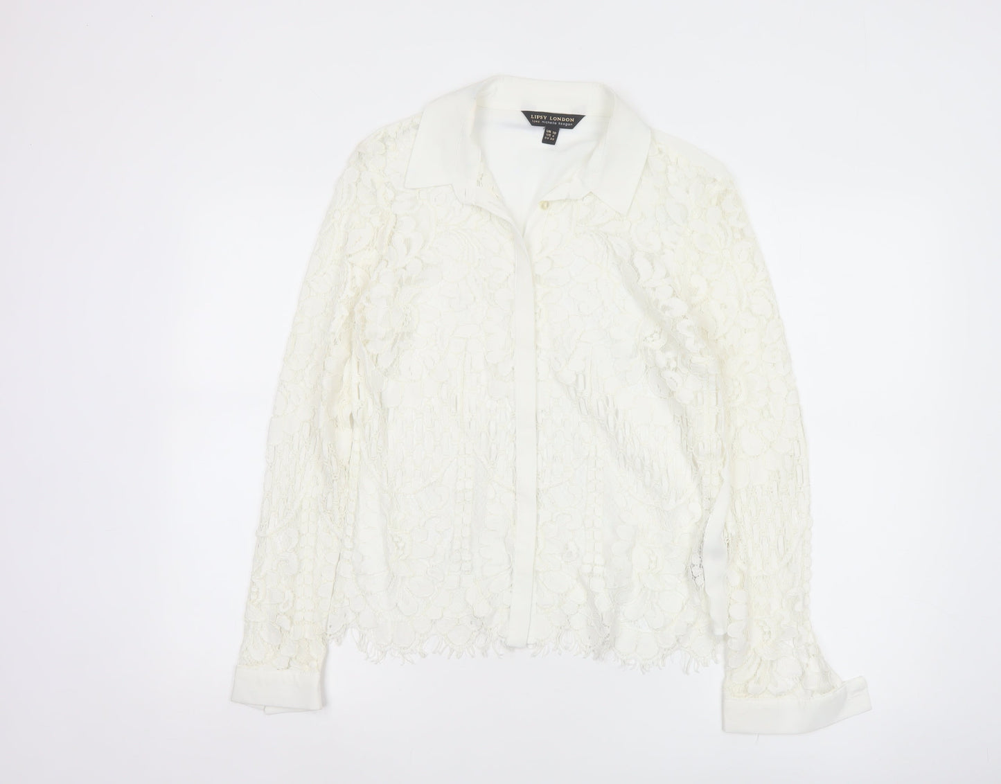 Lipsy London Women Ivory Lace Collared Long Sleeve Tunic Blouse Size 10