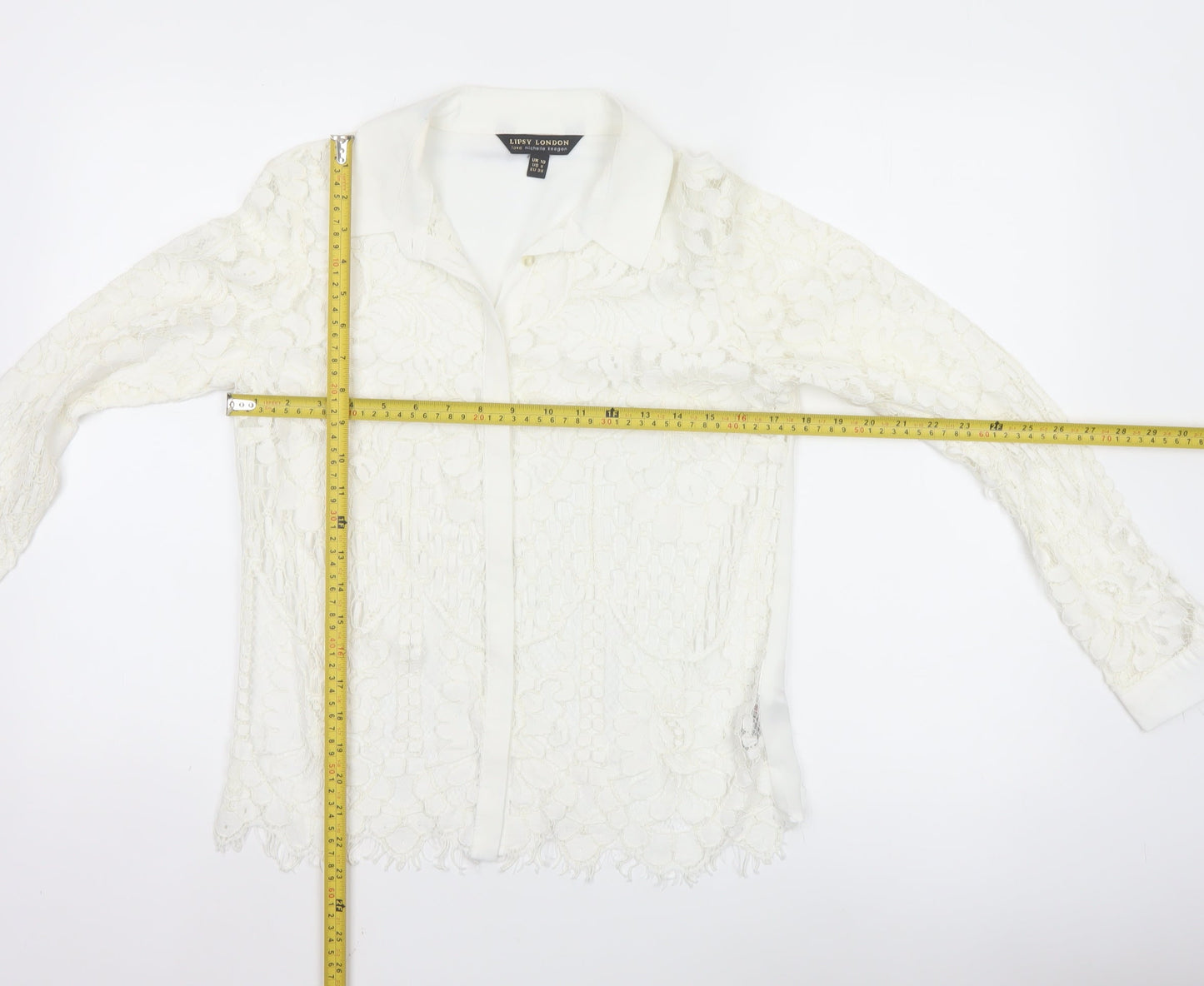 Lipsy London Women Ivory Lace Collared Long Sleeve Tunic Blouse Size 10