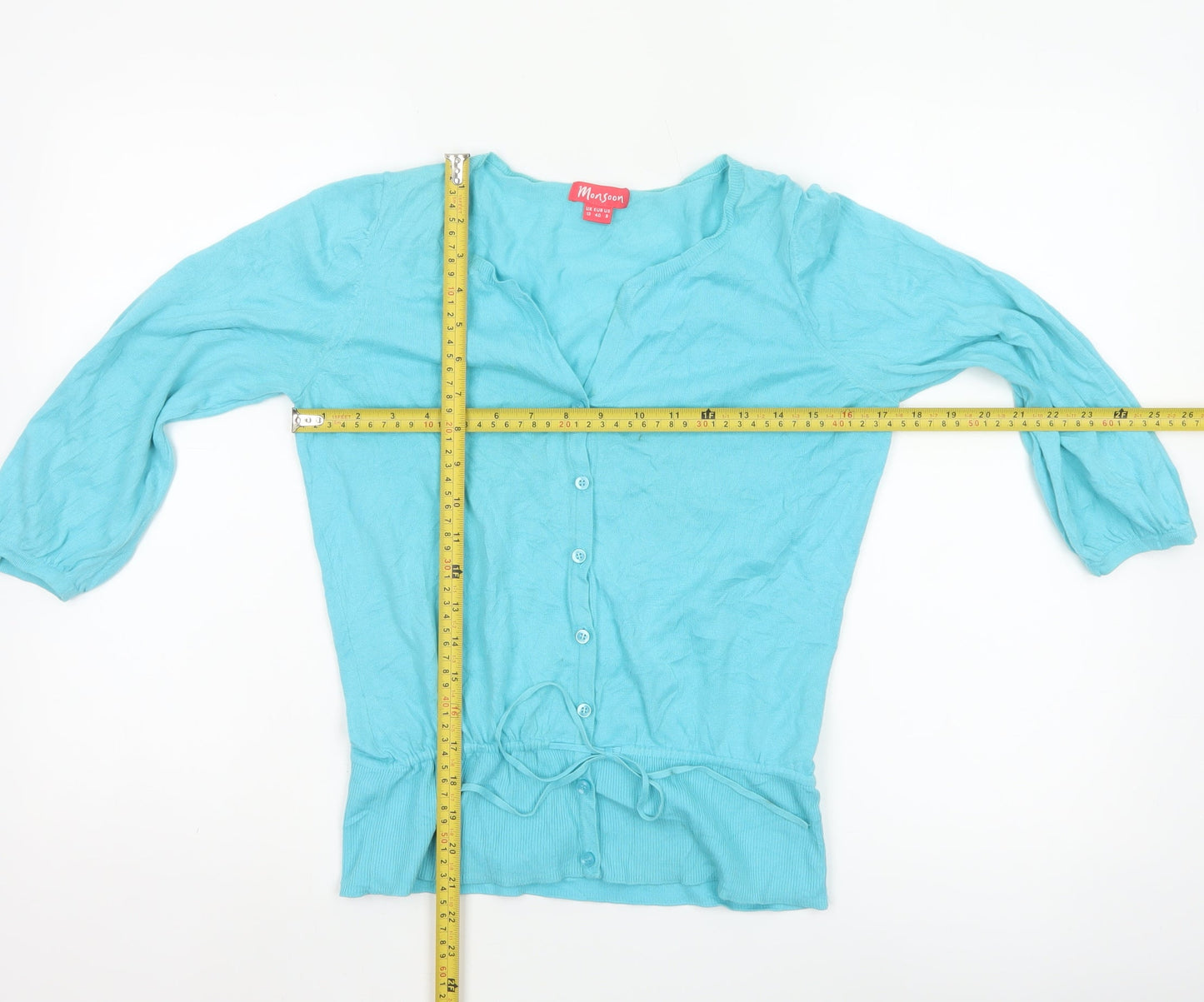 Monsoon Women's Blue Cotton 3/4 Sleeve V-Neck Cardigan Size 12