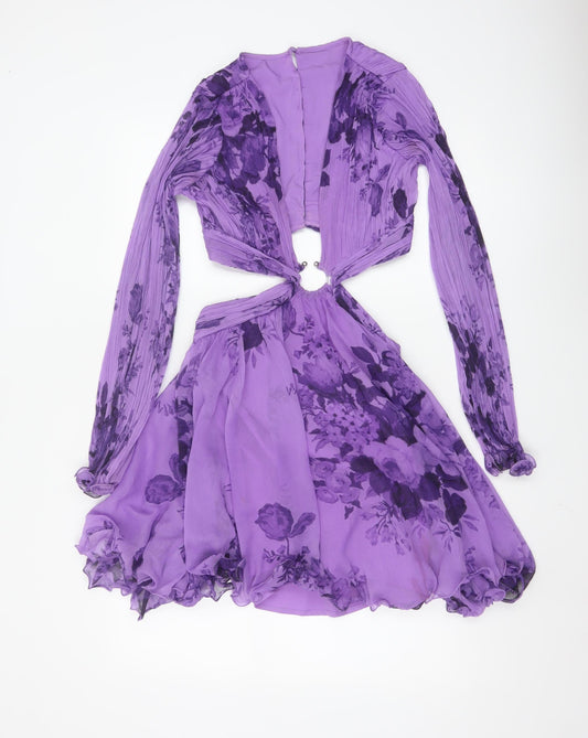 ASOS DESIGN Women’s Purple Floral Cut Out Chiffon Mini Dress Size 4