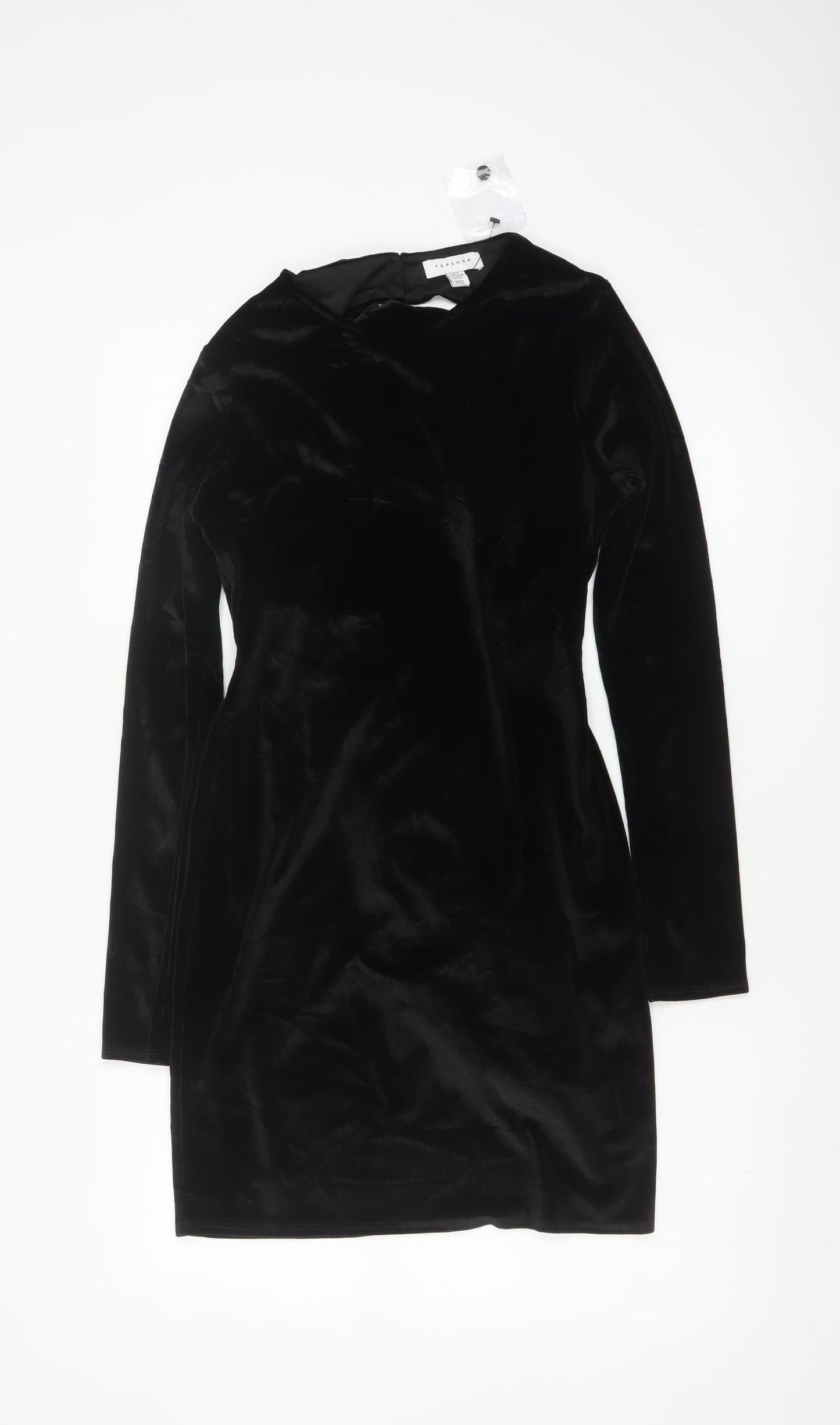 Topshop Women Black Velvet Bodycon Mini Dress Size 8-10 Long Sleeve
