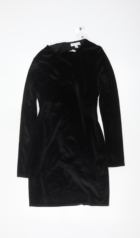 Topshop Women Black Velvet Bodycon Mini Dress Size 8-10 Long Sleeve