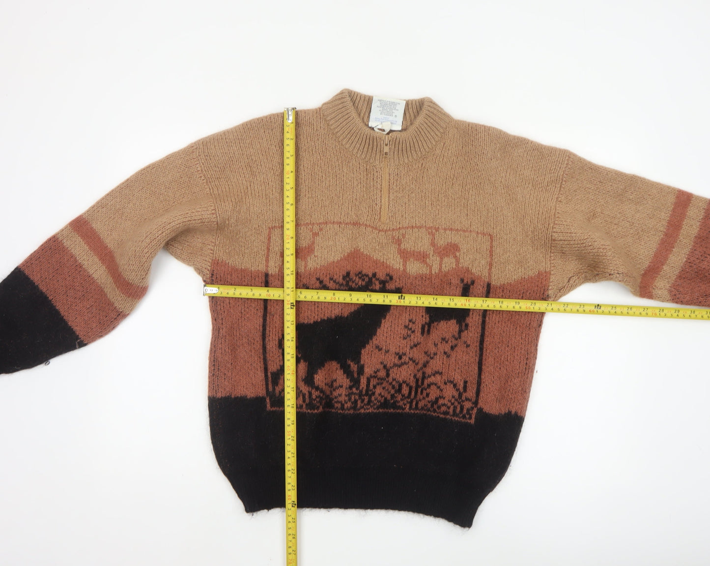 Snowy Peak Women Brown Mohair Half Zip Pullover Jumper Size L Deer Pattern