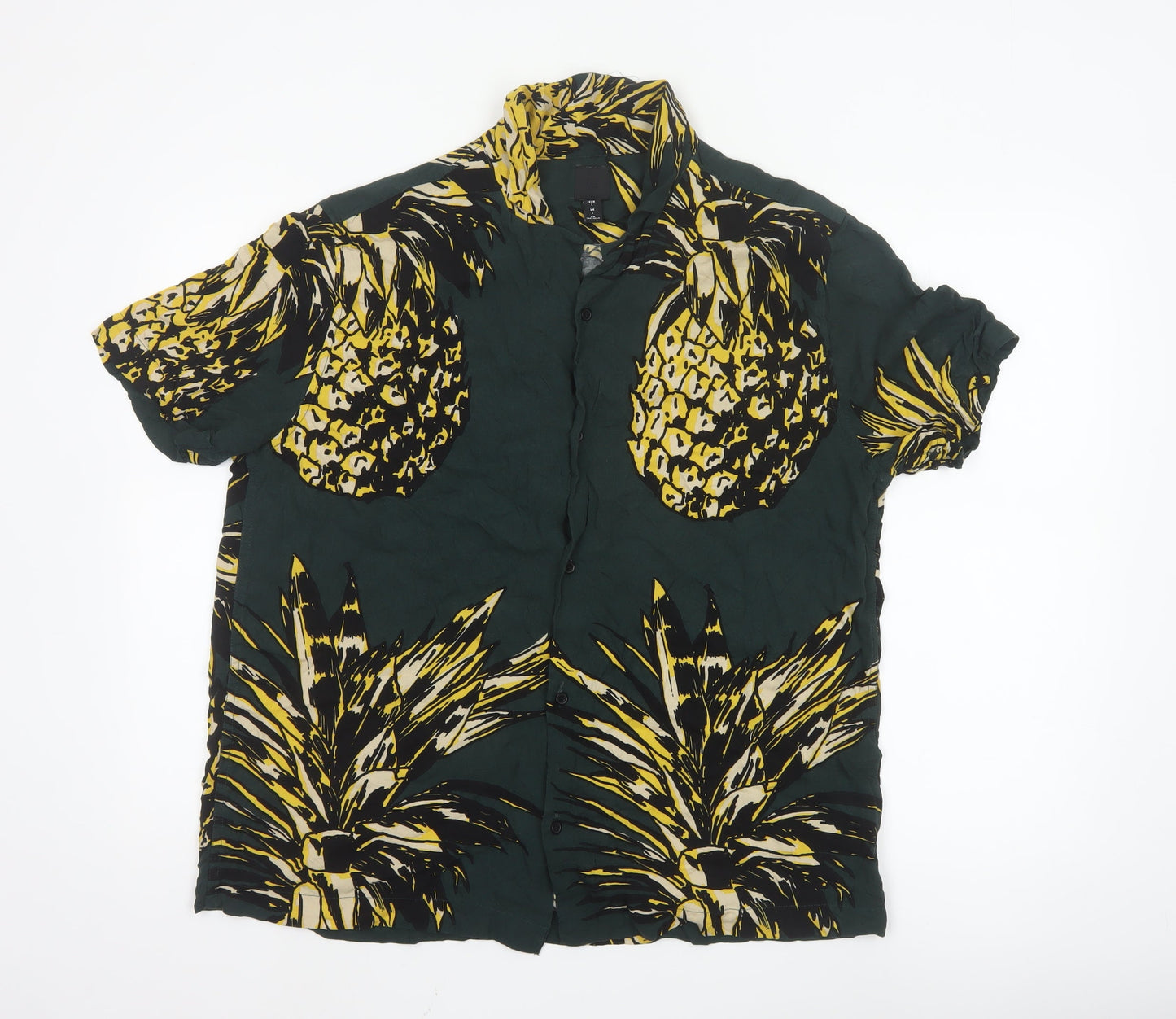 H&M Men's Green Tropical Pineapple Print Short Sleeve Shirt L