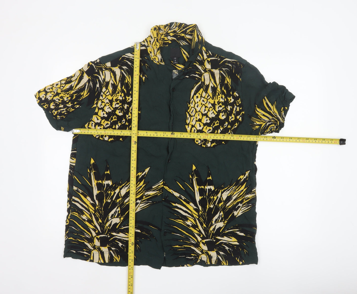 H&M Men's Green Tropical Pineapple Print Short Sleeve Shirt L